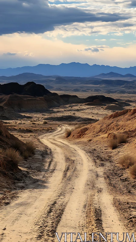 Winding dirt track through layered arid hills and mountains.