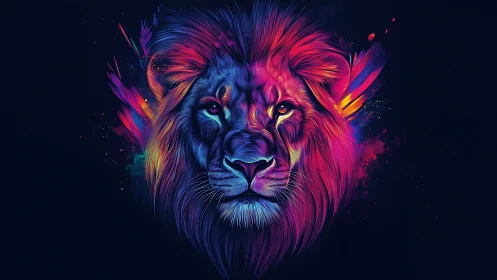 Multicolored lion portrait on dark background in profile view.