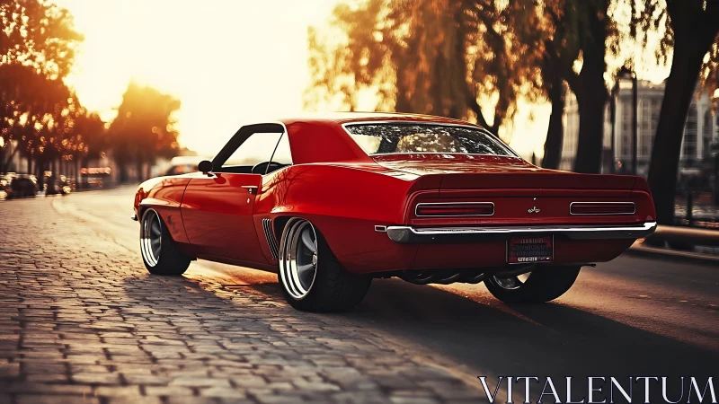 Photorealistic classic muscle car on sunlit cobblestone street.