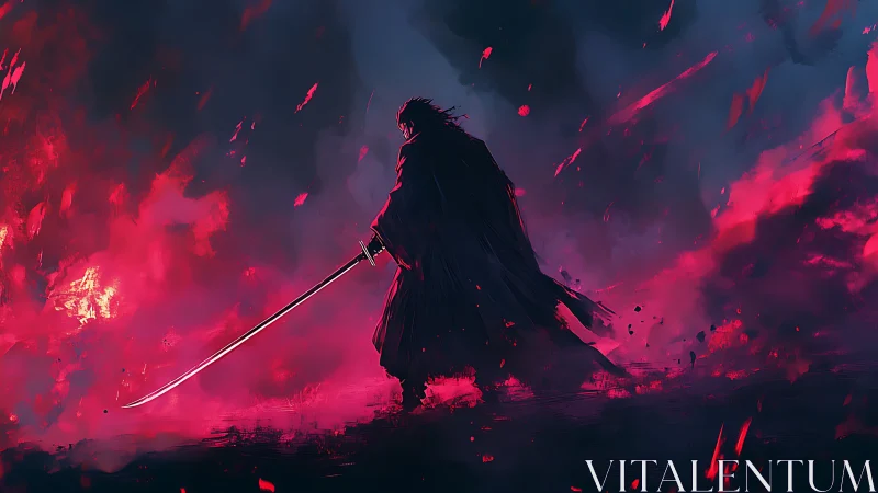 Backlit katana warrior in high-contrast chromatic stormfield.