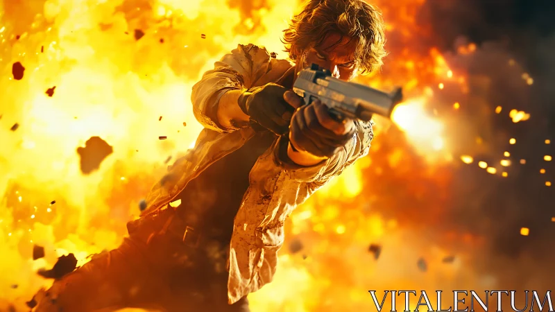 Armed figure in mid-air amid large-scale fiery explosion.