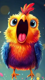 Colorful cartoon chick with wide open beak and big eyes.