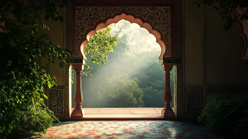 Ornate arched doorway opening onto dense green foliage.