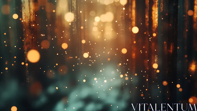 Glowing bokeh particles drifting through misty light shafts.