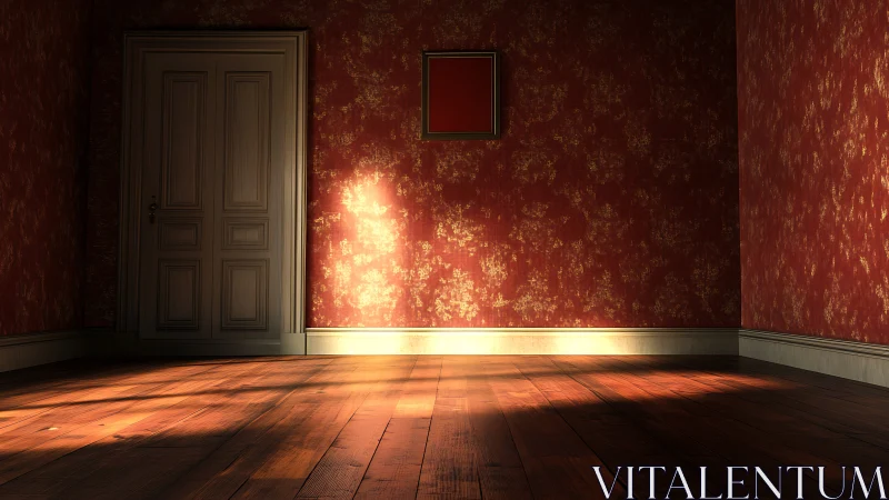 Sunlit red room interior with closed door and wood floor.