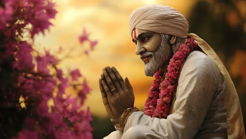 Statue of praying figure with garland against warm sunset
