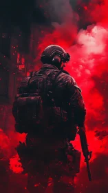 Lone tactical soldier carved in blazing crimson battlefield fog.