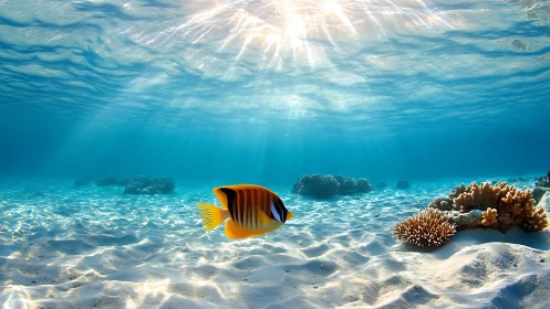Sunlit coral reef with vivid butterflyfish in clear shallows.