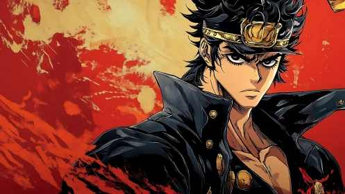 Intense anime fighter in high-contrast inked composition.