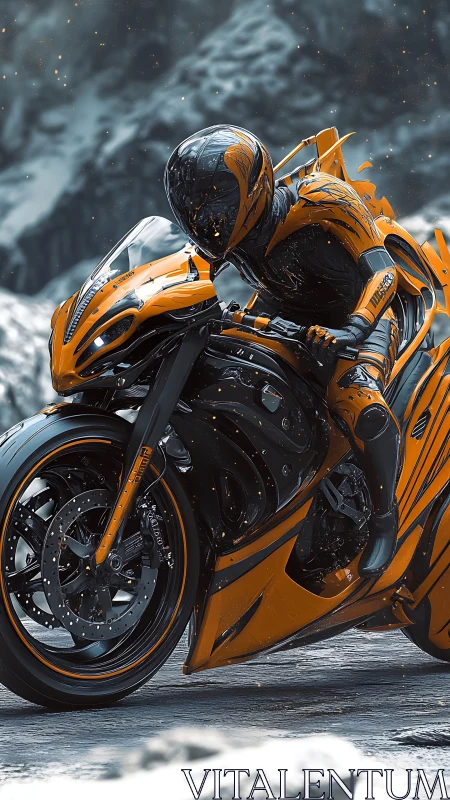 Midnight mountain sparks as cyber rider carves molten arcs