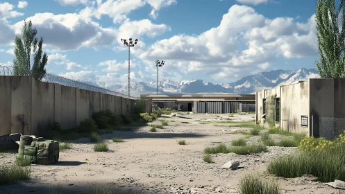 Desert military compound with concrete walls and towers.