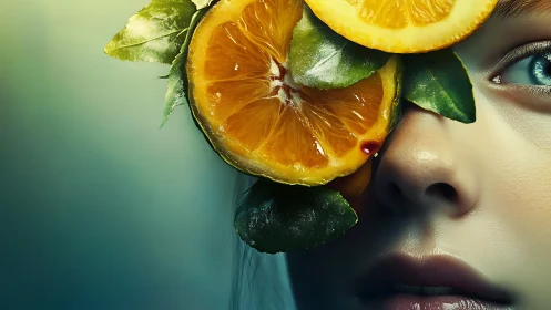 Human face partially obscured by sliced oranges and leaves