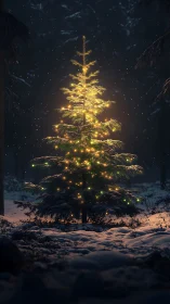 Snow-laden fir tree with warm LED lights in twilight forest