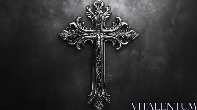 Baroque silver cross quietly blazes over smoked shadow