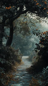 Forest Stream Path Framed by Ancient Tree and Golden Flowers