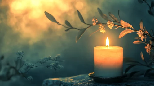 Single candle on stone with foliage in soft evening glow.