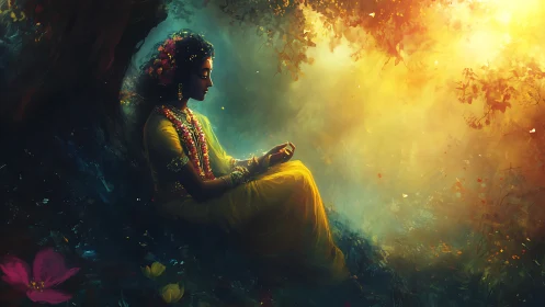 Luminous forest deity in volumetric sunrise diffusion field.