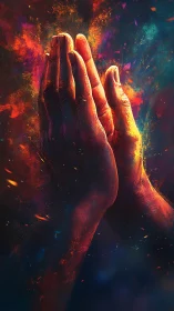 Praying hands emerge from incandescent abstract nebular light