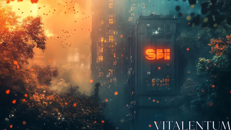 Neon corporate tower glows through dense misty forest