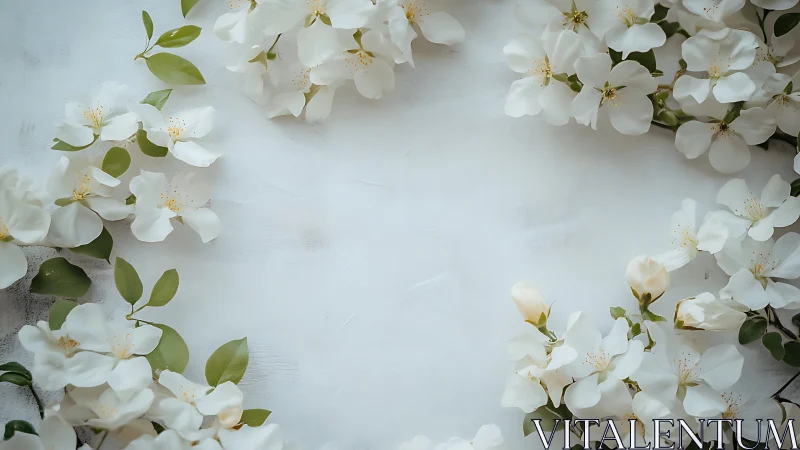 White blossoms arranged on pale wooden surface with green foliage