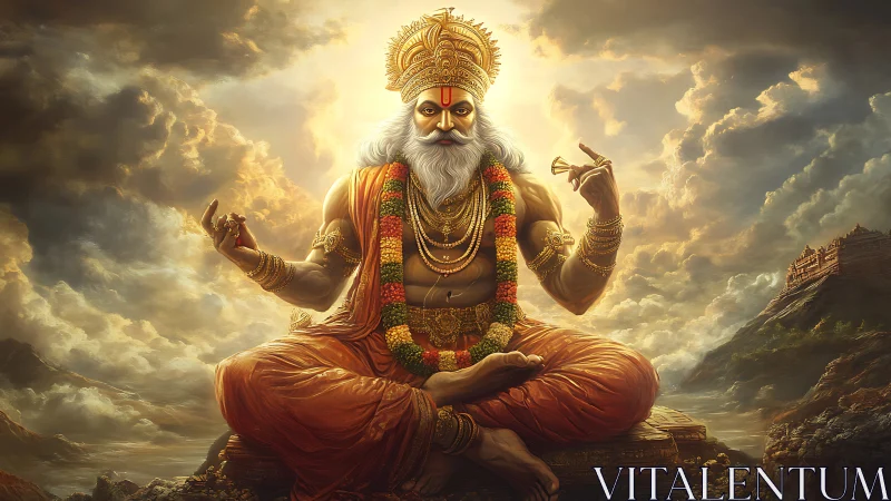 Radiant sage in golden robes sharing gentle cosmic calm.