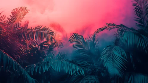 Neon jungle palms glow under saturated magenta twilight sky
