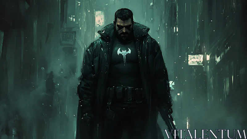 Heavily armed vigilante advances through volumetric fog in alley