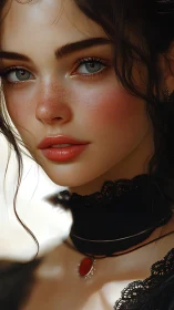 Freckled young woman in lace choker digital portrait.