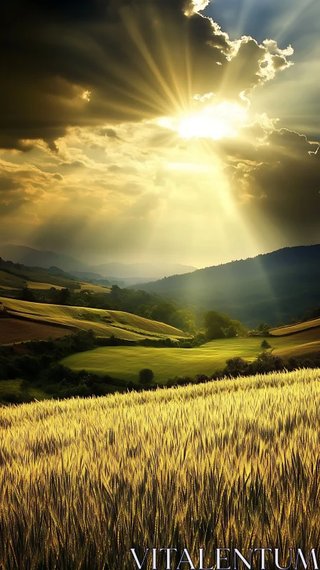 Golden fields glow warmly beneath radiant evening sunlight
