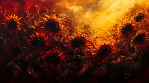 Intense sunflower field under deep burning sunset light.