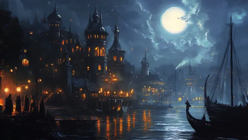 Medieval harbor city glows under vast moonlit storm sky
