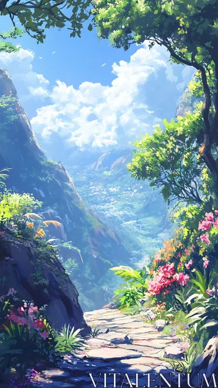 Mountain path with flowers overlooking distant valley view.