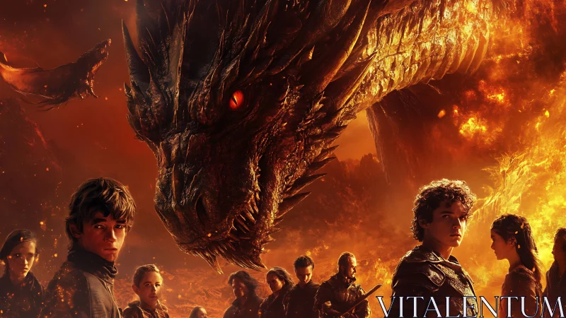 Dragon dominates foreground while armored youths face fire