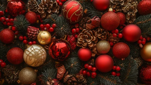 Crimson baubles and pinecone chorus in cozy Yuletide tangle.