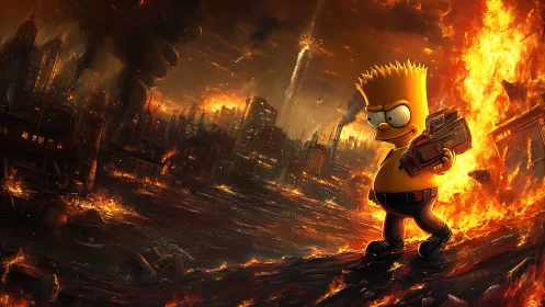 Cartoon rebel strides through incendiary dystopian cityscape.