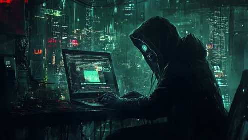 Cybernetic infiltrator at console in neon-dense megacity dusk.