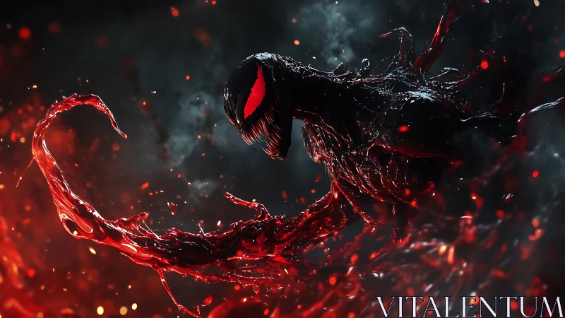 Symbiotic creature rises from molten red tendrils at night