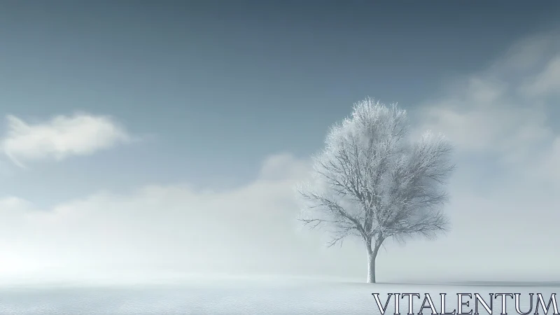 Peaceful winter tree standing gently in a silent snowfield.