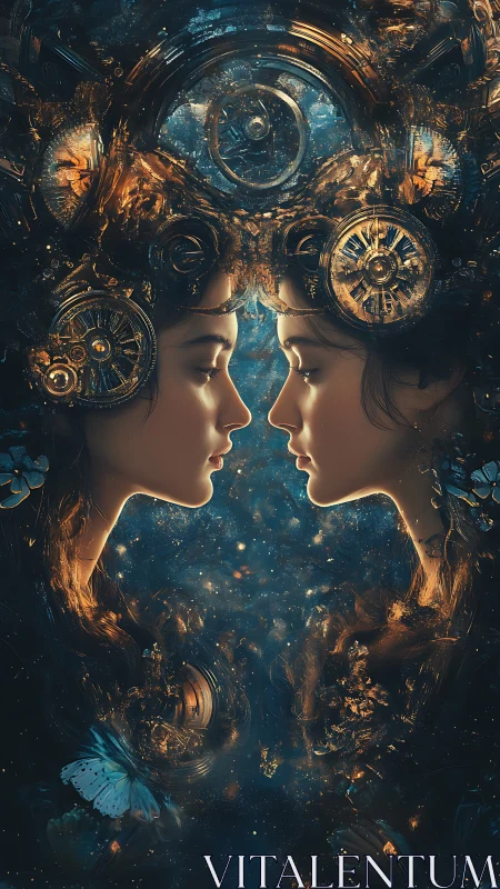 Twin cosmic muses merge with intricate clockwork crowns.