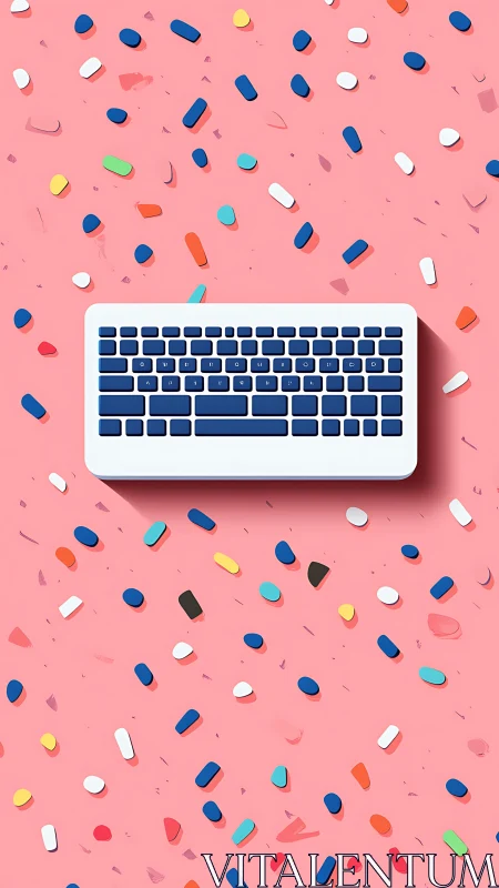 Playful keyboard floats over bright confetti pink workspace