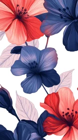 Floral Contrast: Red and Navy Blooms on White.