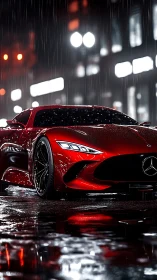 Sleek red supercar gleams under rainy neon city lights.