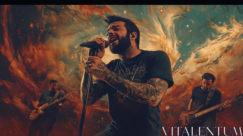 Tattooed rock vocalist leads band amid cosmic storm backdrop