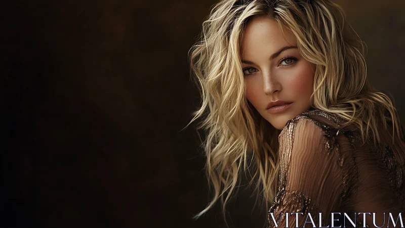 Soft golden portrait with gentle gaze and shimmering light.