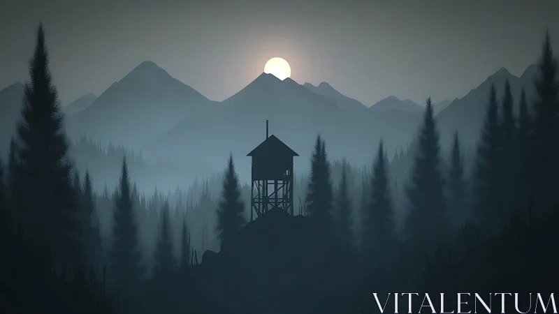 Solitary watchtower stands before layered mountain silhouettes
