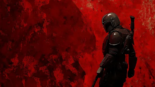 Armored bounty hunter silhouetted against textured red void