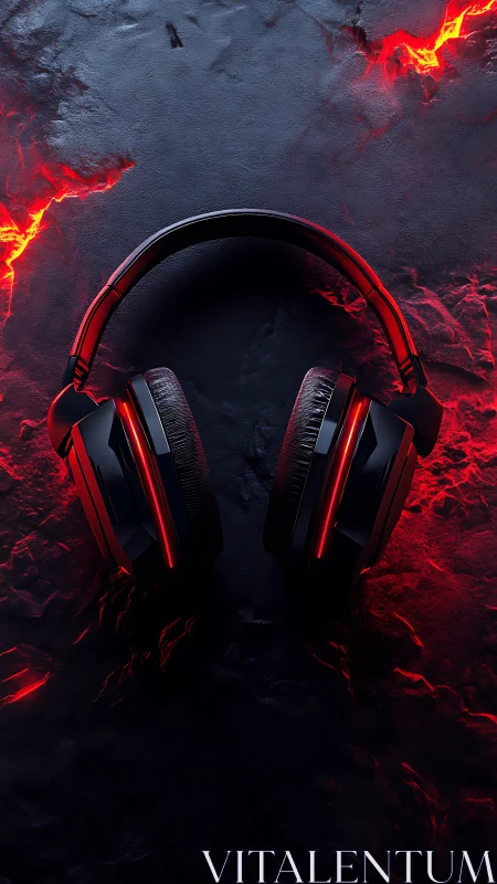 Red and black over-ear headphones positioned on textured dark surface.