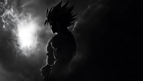 Silhouetted anime warrior against glowing storm sky.