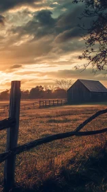 Photorealistic rural barn at sunrise with layered fencing lines.