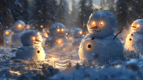 Glowing snowmen gathered in a snowy winter forest at dusk.